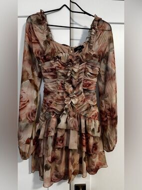 Lulu's Beige Rose-Print Ruffled Mini Dress